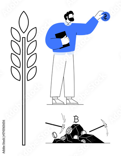 Man holding dollar coin and document, wheat stalk symbolizing agriculture, cryptocurrency mining tools. Ideal for finance, investment, agriculture, cryptocurrency, economy technology growth. Modern