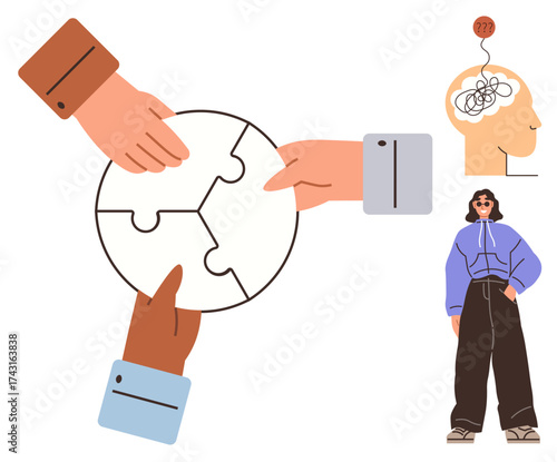 Hands collaborate on a puzzle circle, symbolizing teamwork. A brain with tangled thoughts reflects mental health, and a stylish individual highlights identity. Ideal for diversity, inclusion