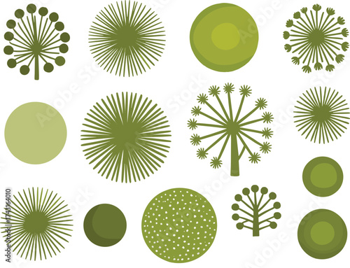 Abstract tree top view collection, green circular foliage, landscape design elements, garden plants, eco nature illustration