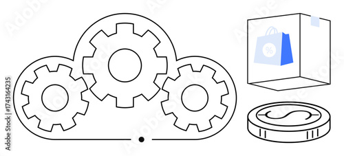 Gears within a cloud, a shopping bag within a box, and a coin highlight technology, e-commerce, supply chain, and finance. Ideal for digital transformation, retail, automation innovation cloud
