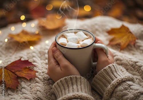 A person in a cozy knitted sweater holding a warm mug of hot chocolate with marshmallows against a background of autumn leaves and bokeh lights