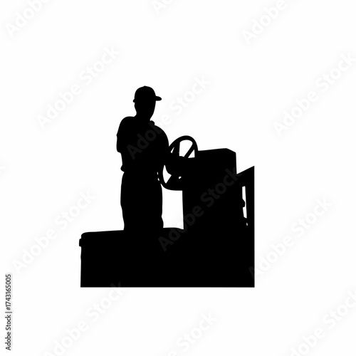Silhouette of an operator controlling a large hydraulic press machine isolated on white background