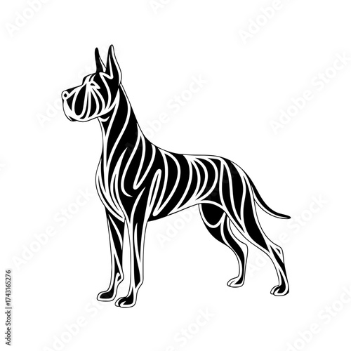 Great Dane, elegant dog silhouette with decorative line art and canine outline, suitable for animal logo, poster design, or product packaging illustration.