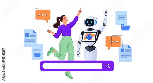 Woman and Robot Collaborating on Search with Documents, Vector Illustration