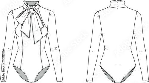 Cad drawing flat vector illustration, bodysuit blouse fashion design, technical clothing sketch, apparel garment template, outfit pattern