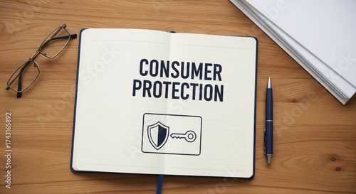 Consumer Protection Concept: Notebook with Shield and Key on Desk