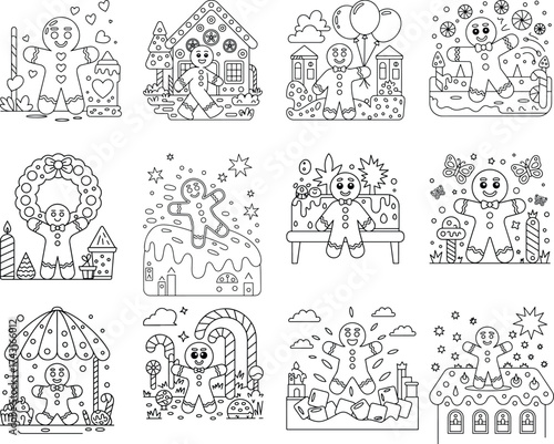 Gingerbread Man and Christmas Themed Outline Illustrations with Candy Houses and Wreaths vector illustration