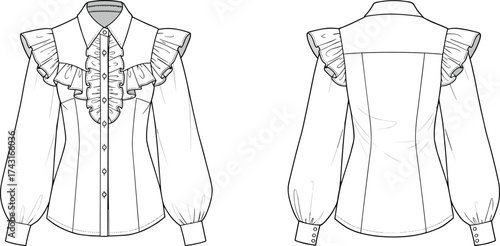 Cad drawing flat vector illustration, fashion blouse with ruffle sleeve and button down shirt design front back
