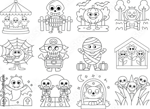 Spooky Halloween Outline Illustrations with Skeletons Mummies Spiders and Ghosts mummy