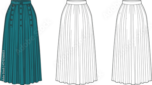 Cad drawing flat vector illustration, pleated skirt design, fashion technical sketch, clothing template, apparel pattern, garment outline