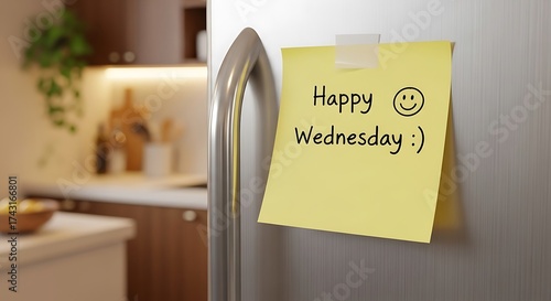 Yellow sticky note on refrigerator with happy wednesday message. Day concept.