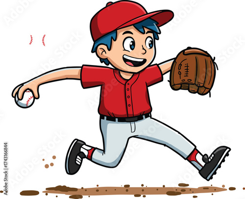 Cartoon baseball player pitching ball, young athlete in red uniform, dynamic sports action, smiling kid throwing fastball, fun children’s illustration, energetic movement, competitive game