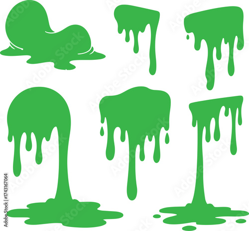 Green slime drips and splatters vector illustrations.