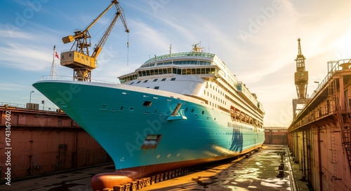 Cruise ship in dry dock for maintenance and repair at shipyard.