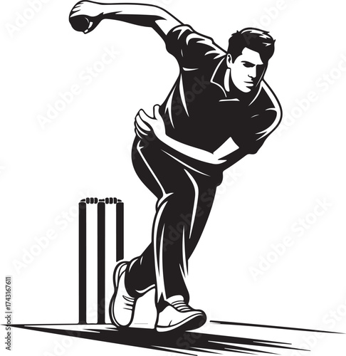 Dynamic cricket bowler action shot, ready to bowl