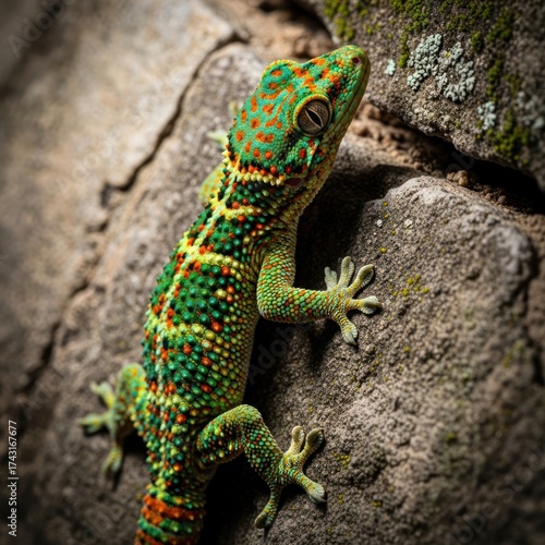 Vibrant Gecko Climbing a Rock Face in Natural Habitat.