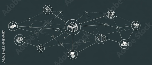 Professional supply chain infographic showing product distribution flow from manufacturer through warehouse and retailer to customer with connecting arrows, ideal for business model presentations