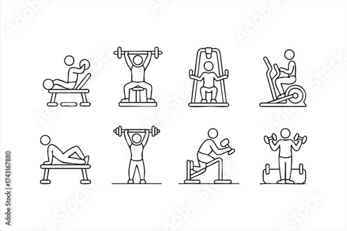Weightlifting and treadmill workout icons vector collection