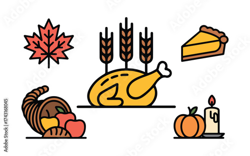Collection of thanksgiving icons featuring turkey cornucopia pumpkin pie and gravy. Autumn thanksgiving day icons