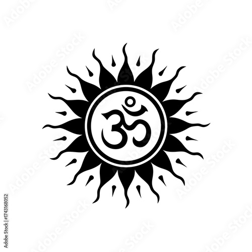 A black and white illustration of the om symbol surrounded by sun rays design