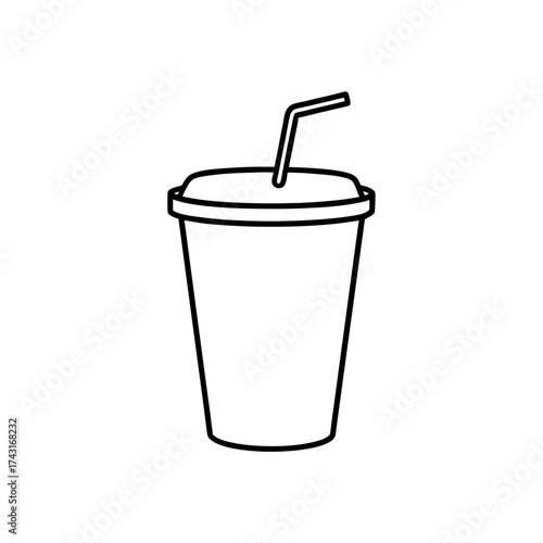 Outline drawing of a disposable cup with a lid and straw on a white background
