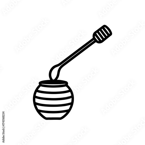 Illustration of a honey pot with horizontal stripes and a honey dipper stick