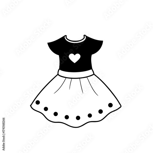 Illustration of a dress with a heart on the bodice and polka dots on skirt