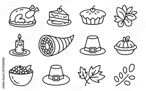 Thanksgiving line icon set. Thanksgiving line art food icon set