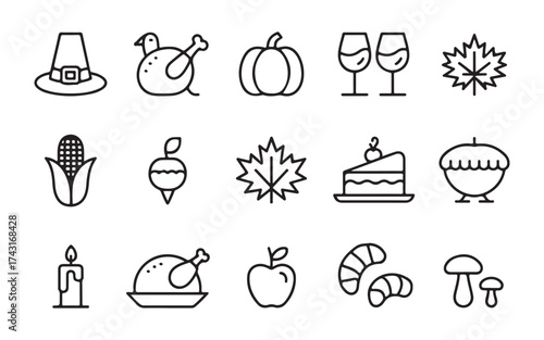 Thanksgiving line icon set. Thanksgiving line art food icon set