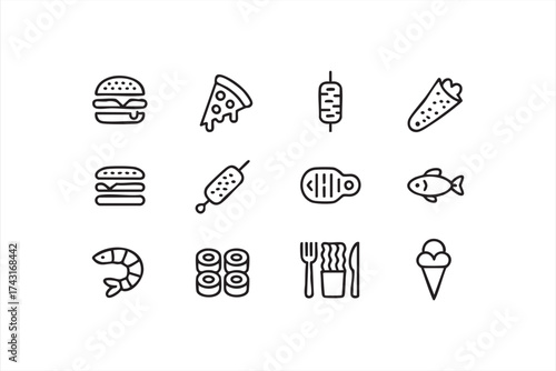 Minimal food and meal symbols burger pizza sushi illustration