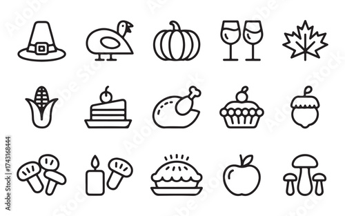 Thanksgiving line icon set. Thanksgiving line art food icon set
