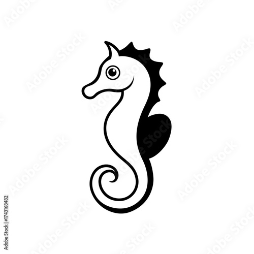 Illustration of a black and white seahorse with a curled tail and spiky mane