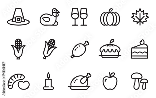 Thanksgiving line icon set. Thanksgiving line art food icon set