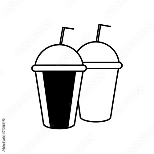 Two disposable cups with dome lids and straws in a simple black and white style
