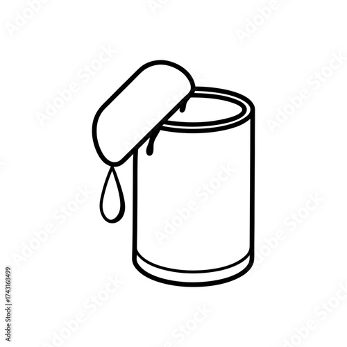 Outline drawing of an open paint can with a drip and a detached lid nearby