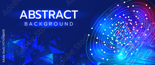 Futuristic digital abstract background featuring glowing circle data rings, polygonal shapes and blue and purple neon light effects. Perfect for web banners, presentations and technology themed layout