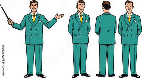 Man in green double breasted suit, yellow tie, white shirt, business professional character, multiple poses, front and back view, fashion illustration, presentation concept