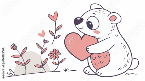 A cute polar bear is gently holding a red heart in its paws