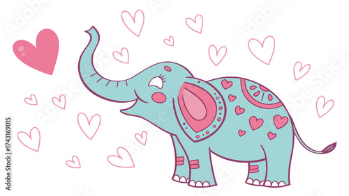 A blue elephant with pink hearts on a white background