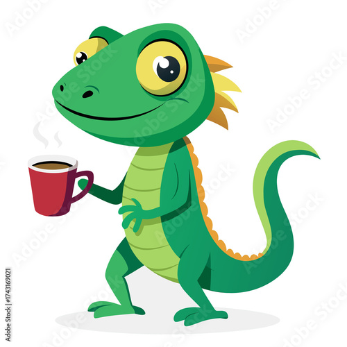 A colorful cartoon lizard character is happily holding a cup of coffee
