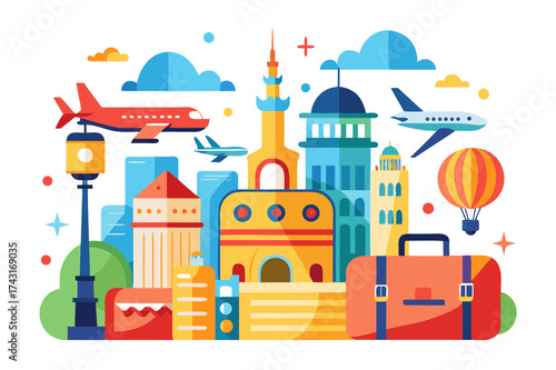 A colorful city illustration with buildings, planes, a suitcase, and a balloon