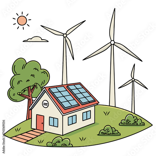 A house with solar panels and wind turbines in the background