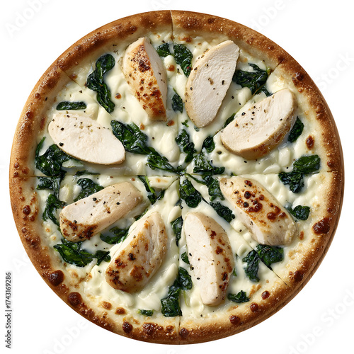 Delicious pizza with chicken and spinach on a transparent background