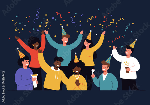 Diverse group of people celebrating with confetti and party hats.