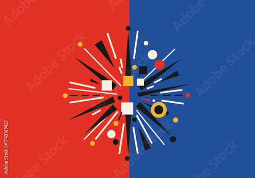 Abstract Geometric Composition with Radial Burst on Red and Blue.