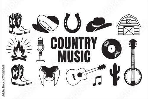 Americana music theme icons barn cactus boots and guitar art