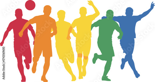 Colorful silhouettes of children playing sports, running with ball, active lifestyle, teamwork, diversity, motion, outdoor fun, energetic youth activity scene
