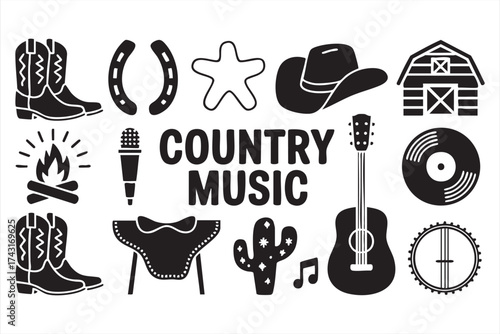 Vintage western culture icons cowboy gear and instruments