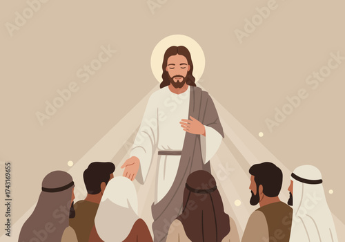 Jesus Christ Teaching Disciples with Halo and Light Rays.