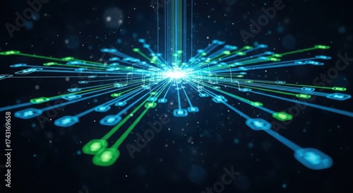 Abstract burst of glowing digital energy radiating outwards representing technological innovation and connectivity with bright neon lights and data flow